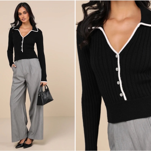 LULUS Chic Black and White Long Sleeve Ribbed Knit Cozy Casual Cardigan - Picture 1 of 5